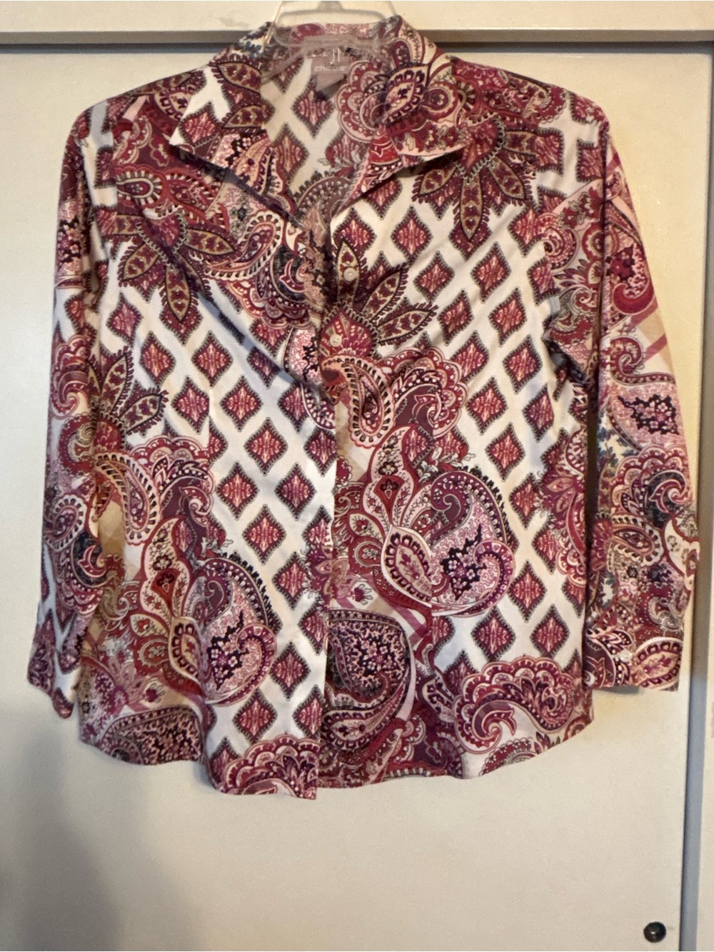 Chico's Paisley & Diamond Print Button-Down Women’s Top - Burgundy & White OF/S